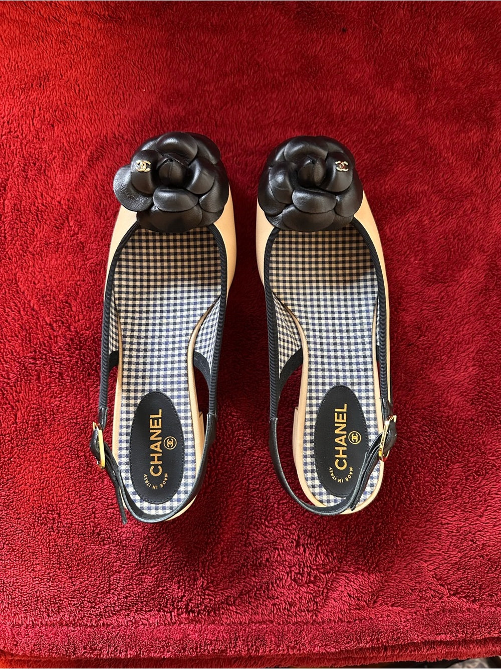 CHANEL Beige and Black Camellia Slingback Flats Authentic